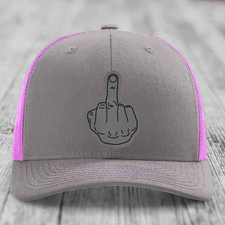 Middle Finger - Leather Patch Hat - Grey to Black Patch - Richardson 112 Snapback Trucker Hat