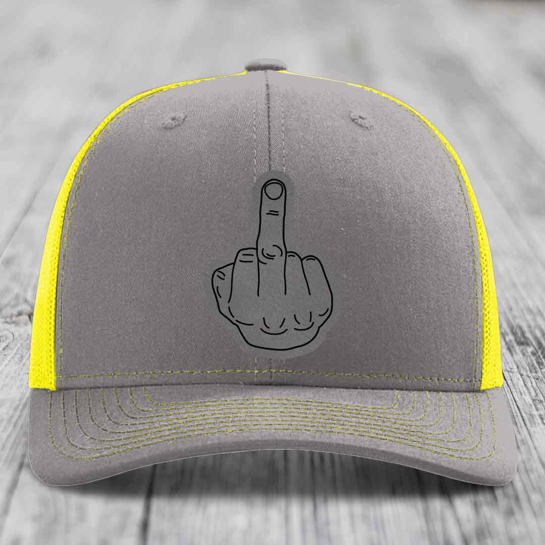 Middle Finger - Leather Patch Hat - Grey to Black Patch - Richardson 112 Snapback Trucker Hat