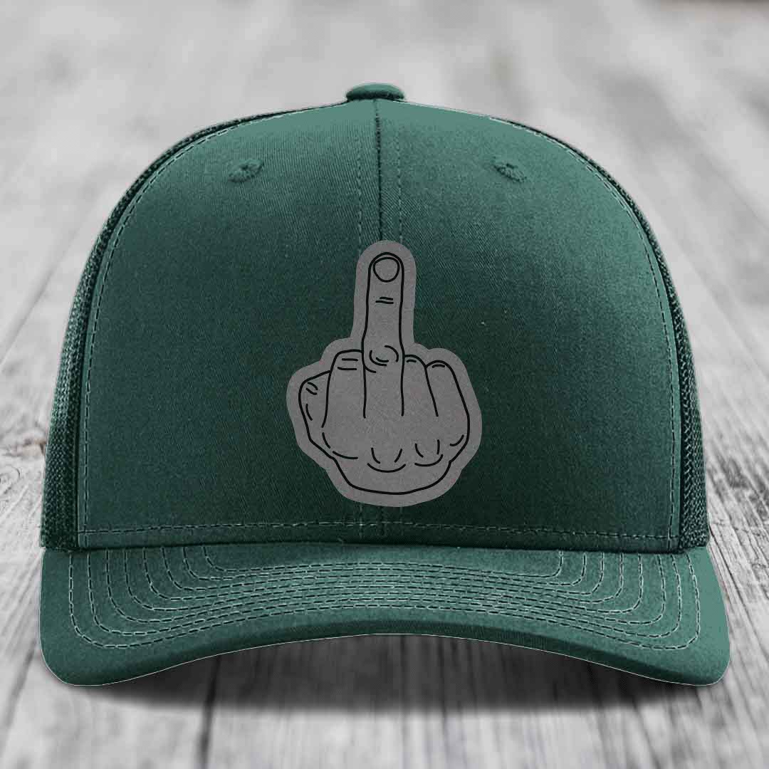 Middle Finger - Leather Patch Hat - Grey to Black Patch - Richardson 112 Snapback Trucker Hat