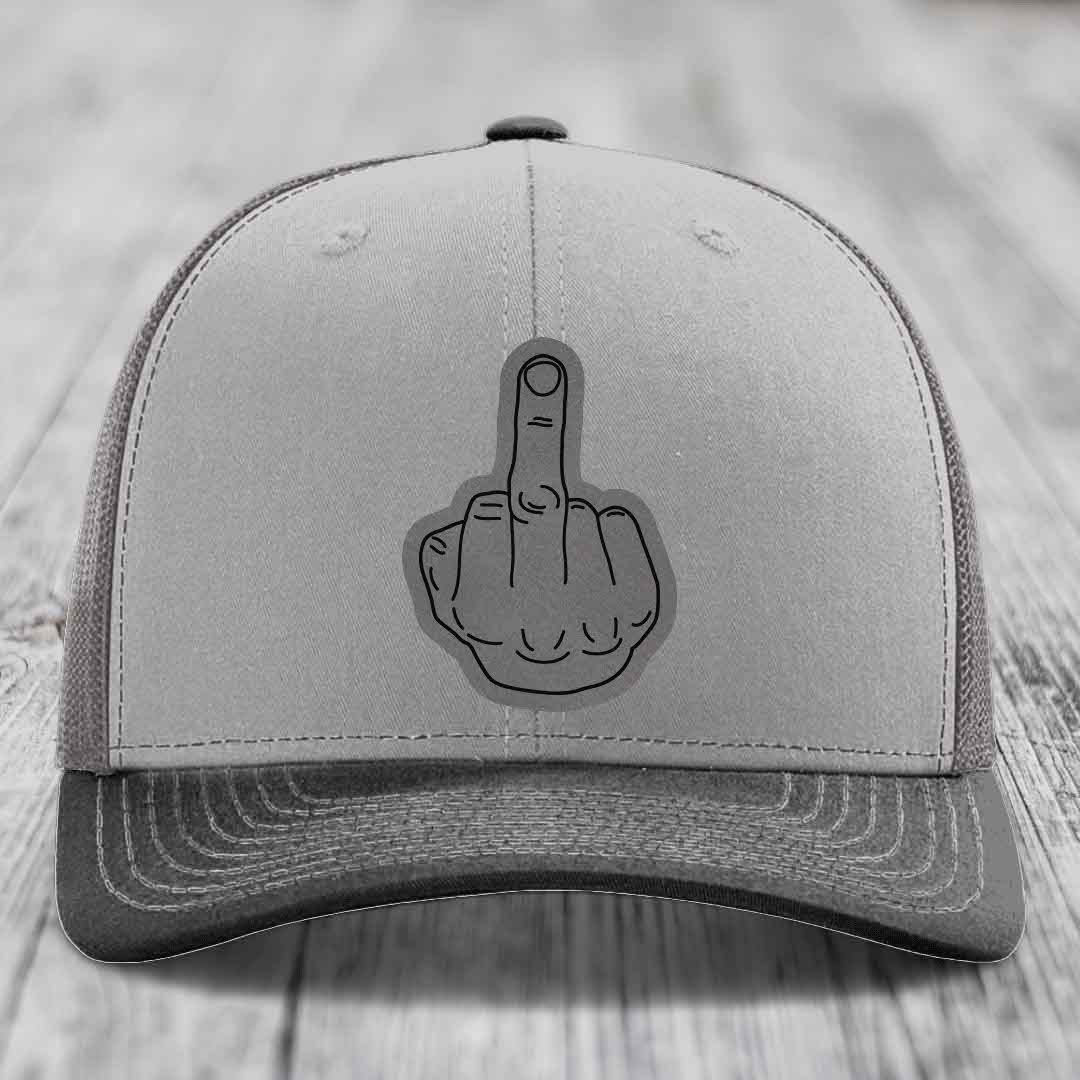 Middle Finger - Leather Patch Hat - Grey to Black Patch - Richardson 112 Snapback Trucker Hat
