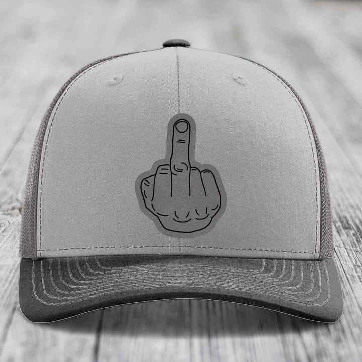 Middle Finger - Leather Patch Hat - Grey to Black Patch - Richardson 112 Snapback Trucker Hat