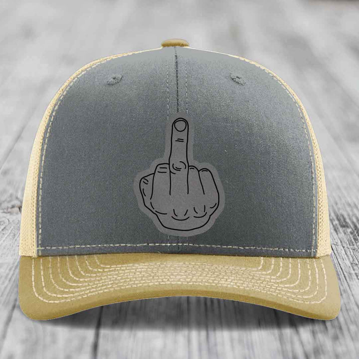 Middle Finger - Leather Patch Hat - Grey to Black Patch - Richardson 112 Snapback Trucker Hat