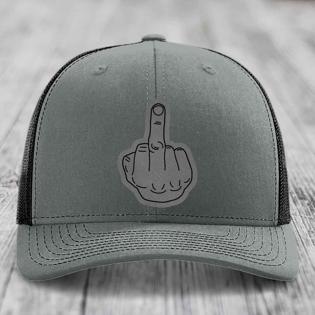 Middle Finger - Leather Patch Hat - Grey to Black Patch - Richardson 112 Snapback Trucker Hat