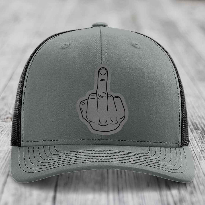 Middle Finger - Leather Patch Hat - Grey to Black Patch - Richardson 112 Snapback Trucker Hat