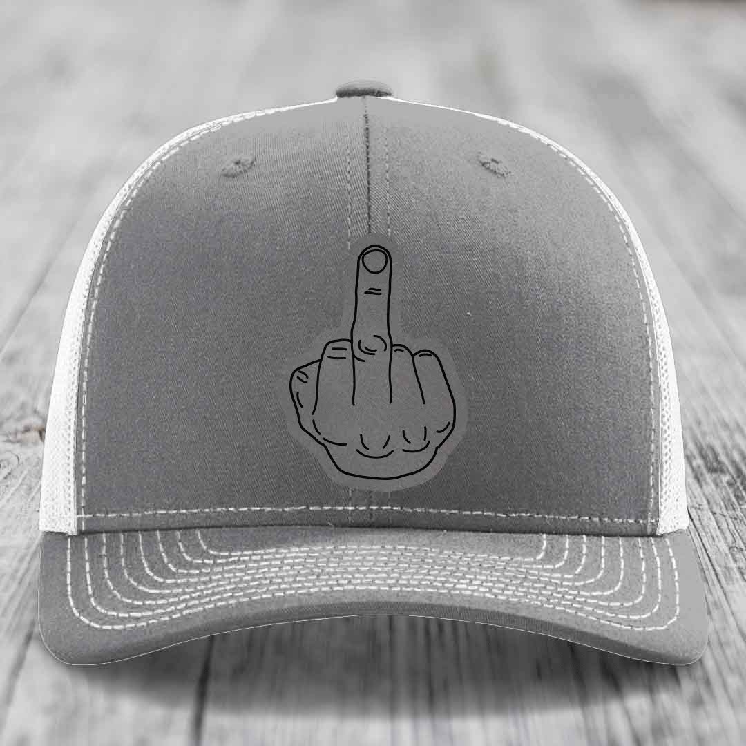 Middle Finger - Leather Patch Hat - Grey to Black Patch - Richardson 112 Snapback Trucker Hat