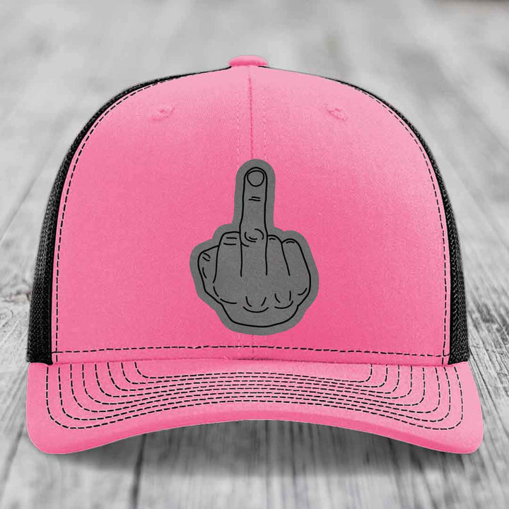 Middle Finger - Leather Patch Hat - Grey to Black Patch - Richardson 112 Snapback Trucker Hat