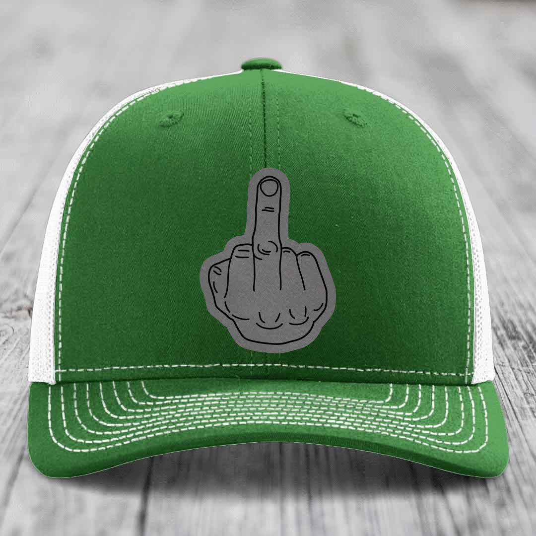 Middle Finger - Leather Patch Hat - Grey to Black Patch - Richardson 112 Snapback Trucker Hat