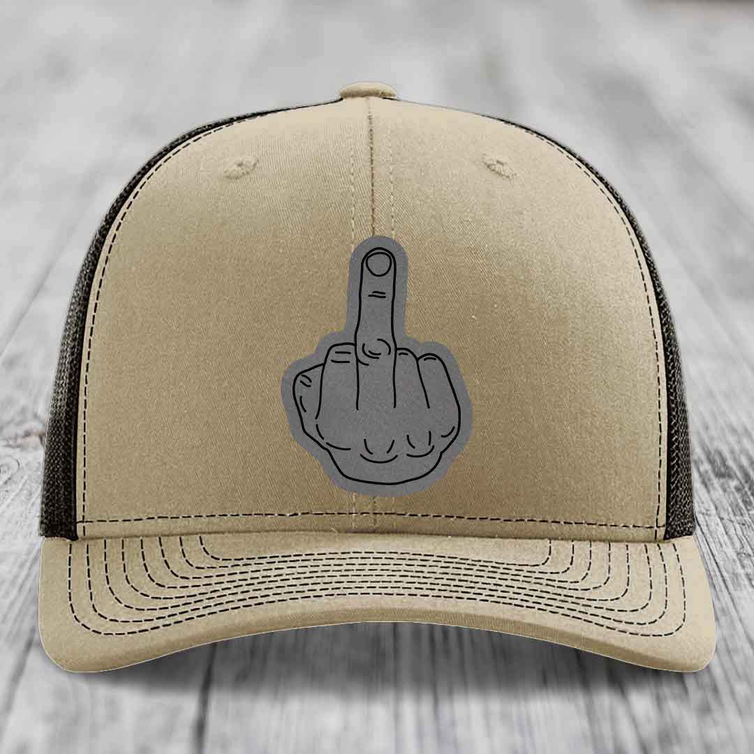 Middle Finger - Leather Patch Hat - Grey to Black Patch - Richardson 112 Snapback Trucker Hat