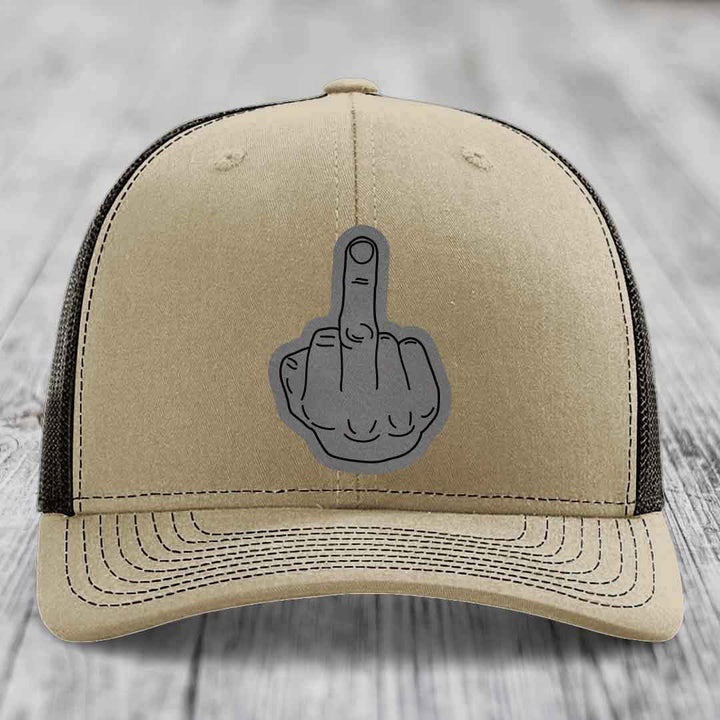 Middle Finger - Leather Patch Hat - Grey to Black Patch - Richardson 112 Snapback Trucker Hat