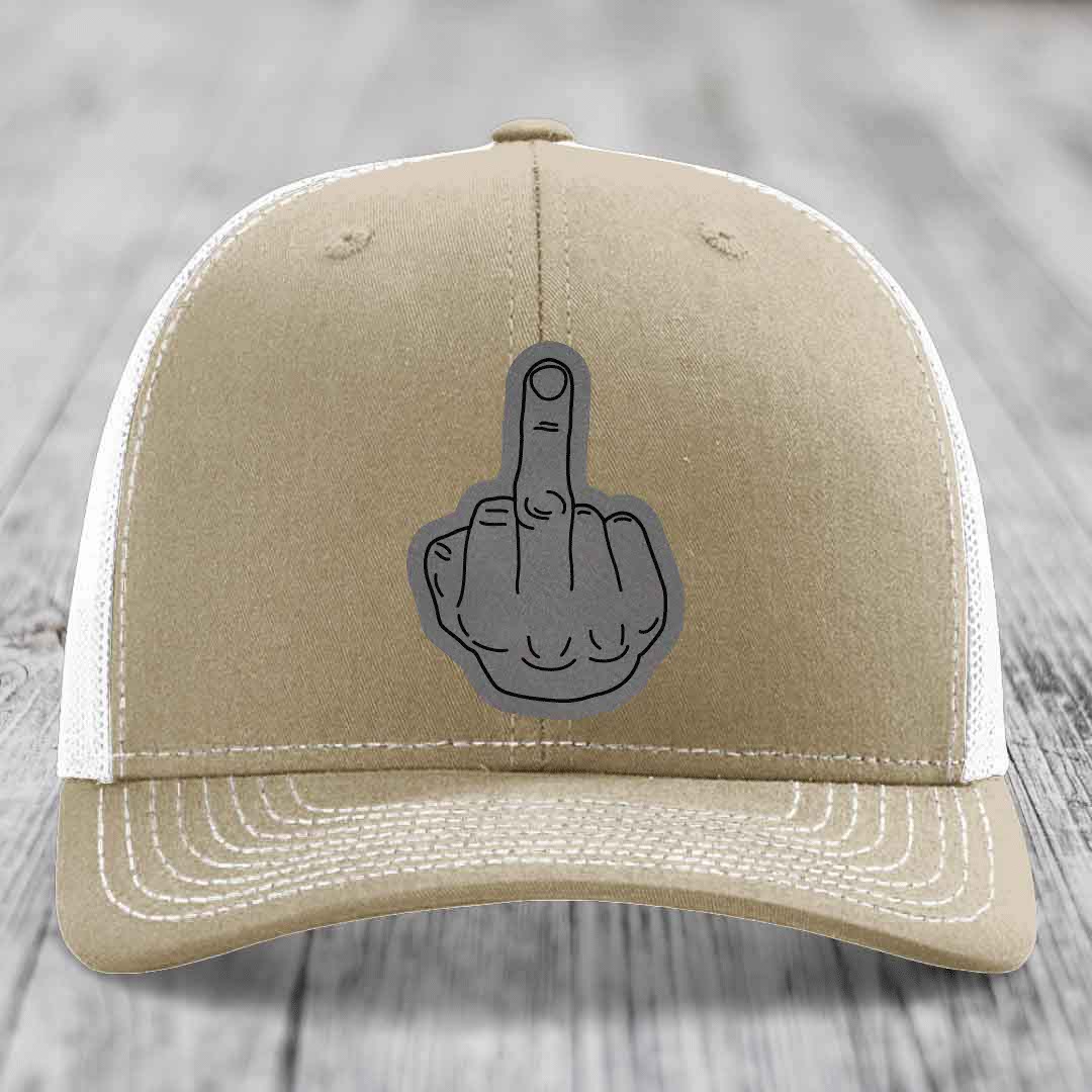 Middle Finger - Leather Patch Hat - Grey to Black Patch - Richardson 112 Snapback Trucker Hat