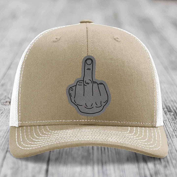 Middle Finger - Leather Patch Hat - Grey to Black Patch - Richardson 112 Snapback Trucker Hat