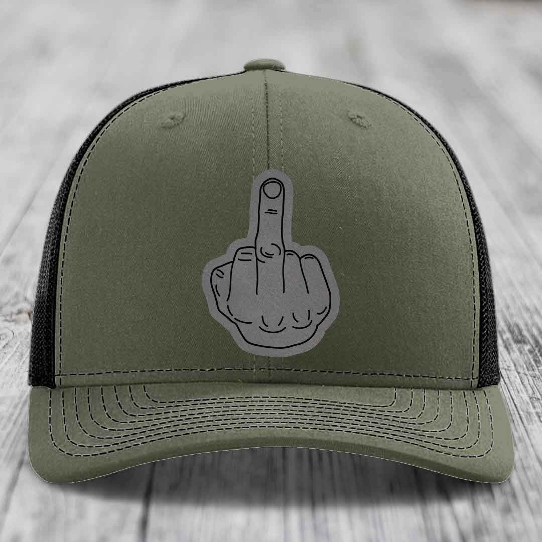 Middle Finger - Leather Patch Hat - Grey to Black Patch - Richardson 112 Snapback Trucker Hat
