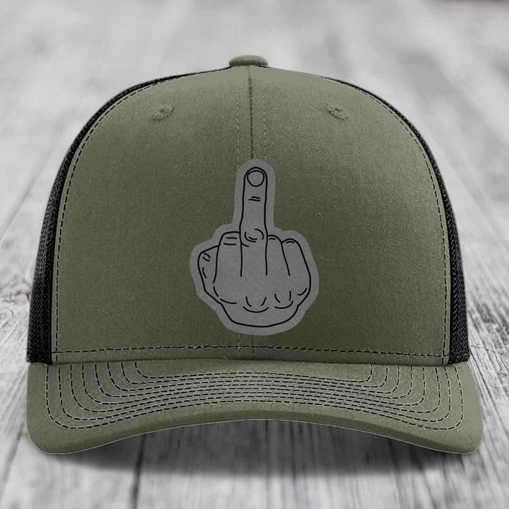 Middle Finger - Leather Patch Hat - Grey to Black Patch - Richardson 112 Snapback Trucker Hat