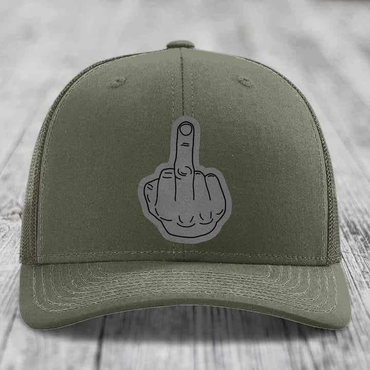 Middle Finger - Leather Patch Hat - Grey to Black Patch - Richardson 112 Snapback Trucker Hat