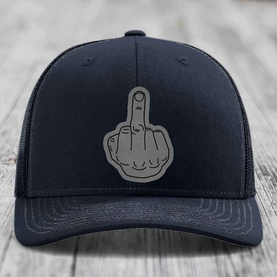 Middle Finger - Leather Patch Hat - Grey to Black Patch - Richardson 112 Snapback Trucker Hat