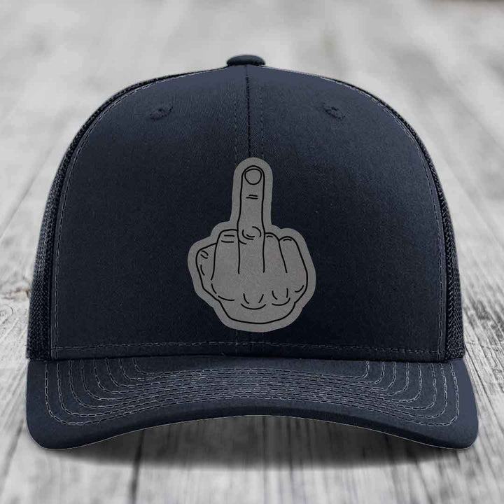 Middle Finger - Leather Patch Hat - Grey to Black Patch - Richardson 112 Snapback Trucker Hat