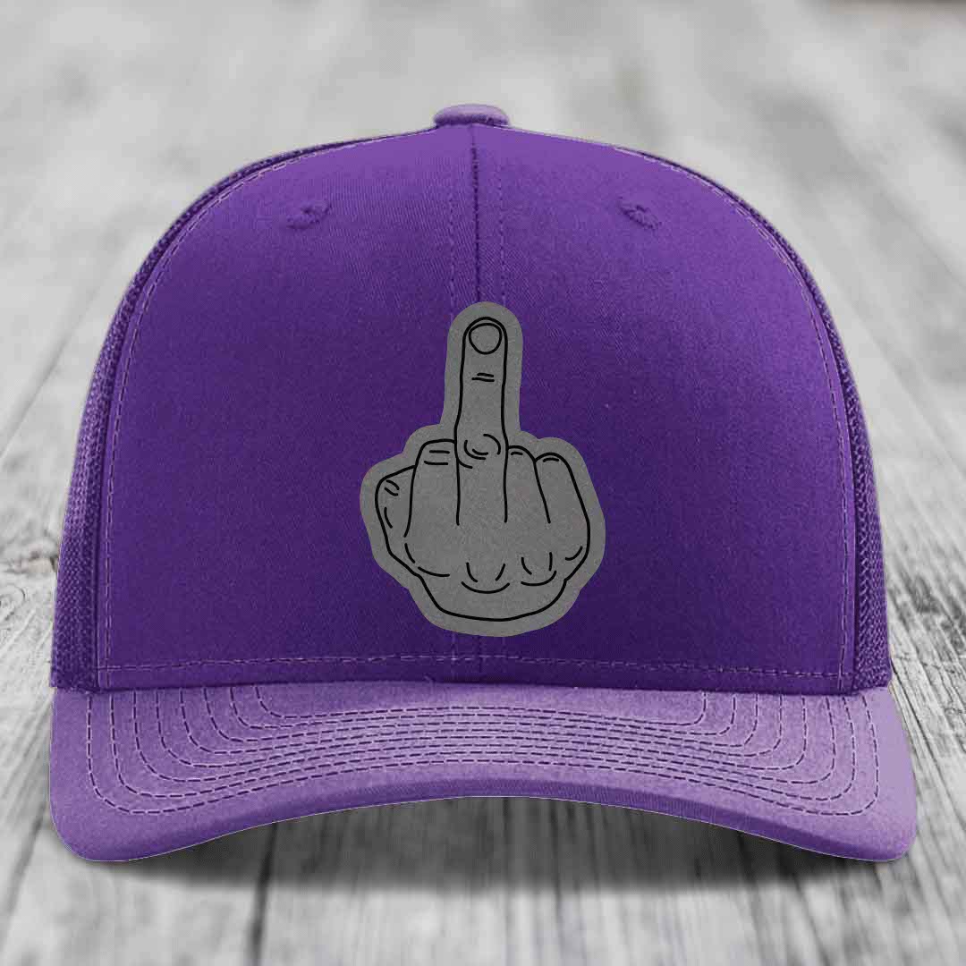Middle Finger - Leather Patch Hat - Grey to Black Patch - Richardson 112 Snapback Trucker Hat