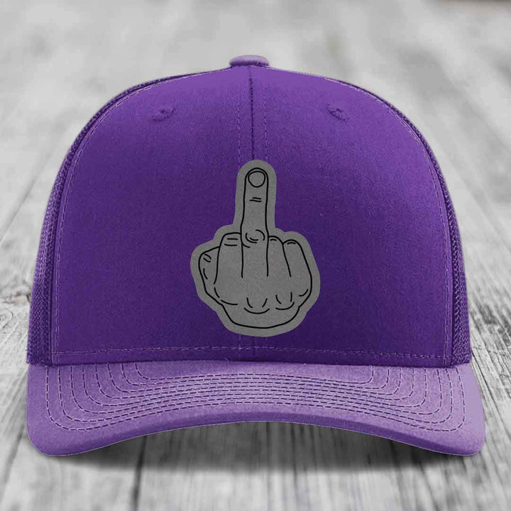 Middle Finger - Leather Patch Hat - Grey to Black Patch - Richardson 112 Snapback Trucker Hat