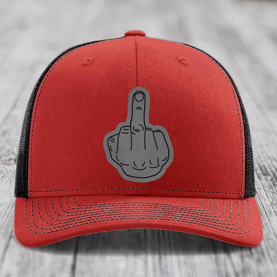 Middle Finger - Leather Patch Hat - Grey to Black Patch - Richardson 112 Snapback Trucker Hat