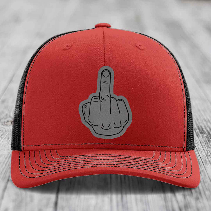 Middle Finger - Leather Patch Hat - Grey to Black Patch - Richardson 112 Snapback Trucker Hat