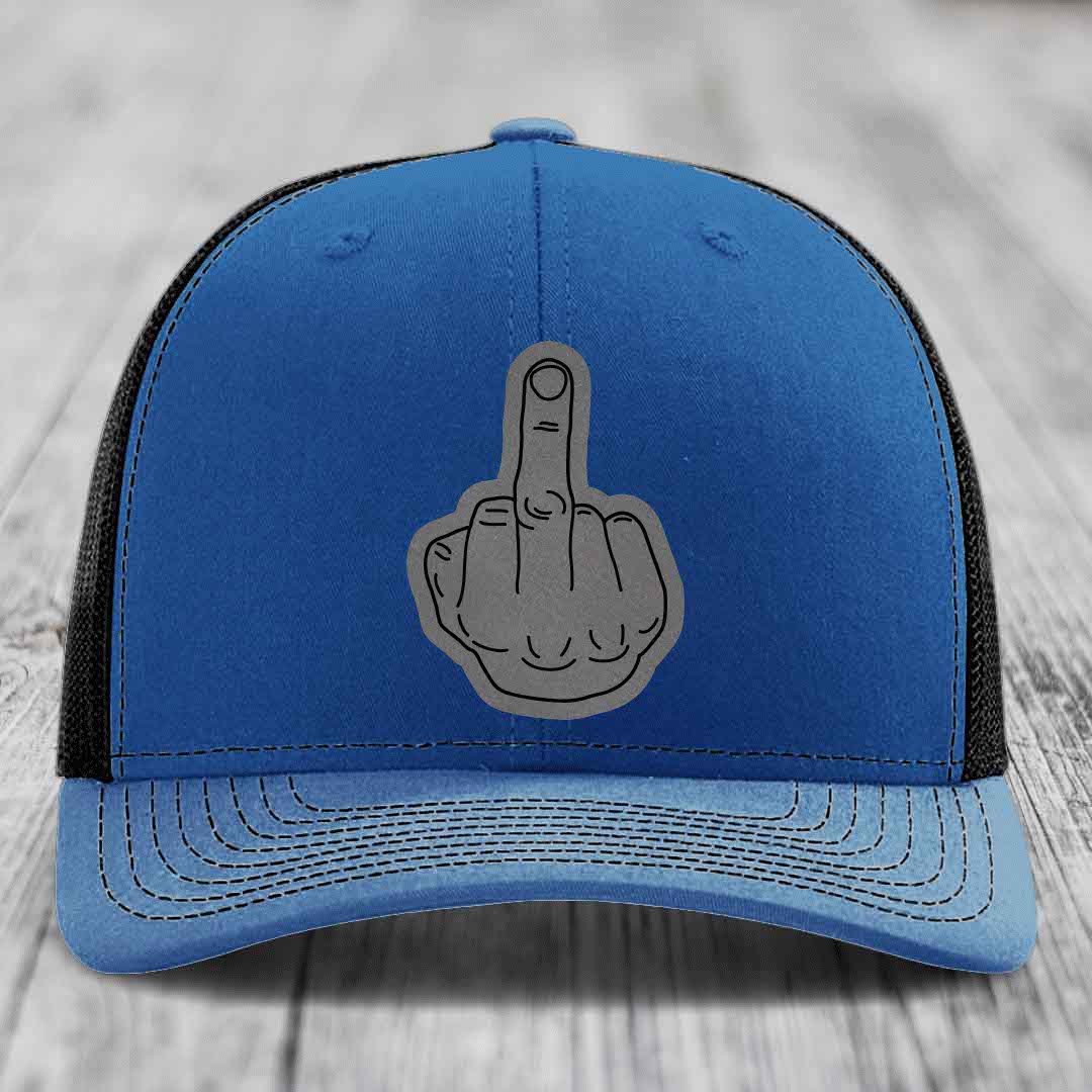 Middle Finger - Leather Patch Hat - Grey to Black Patch - Richardson 112 Snapback Trucker Hat