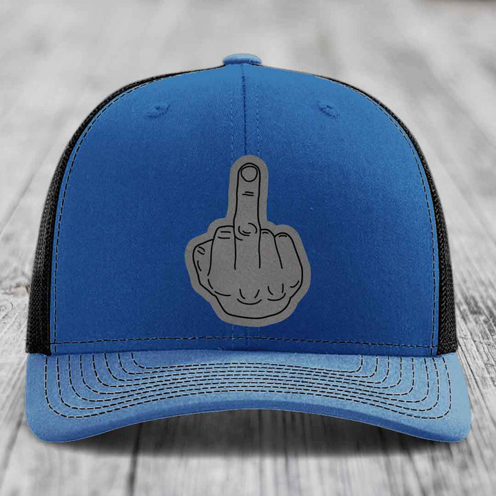 Middle Finger - Leather Patch Hat - Grey to Black Patch - Richardson 112 Snapback Trucker Hat