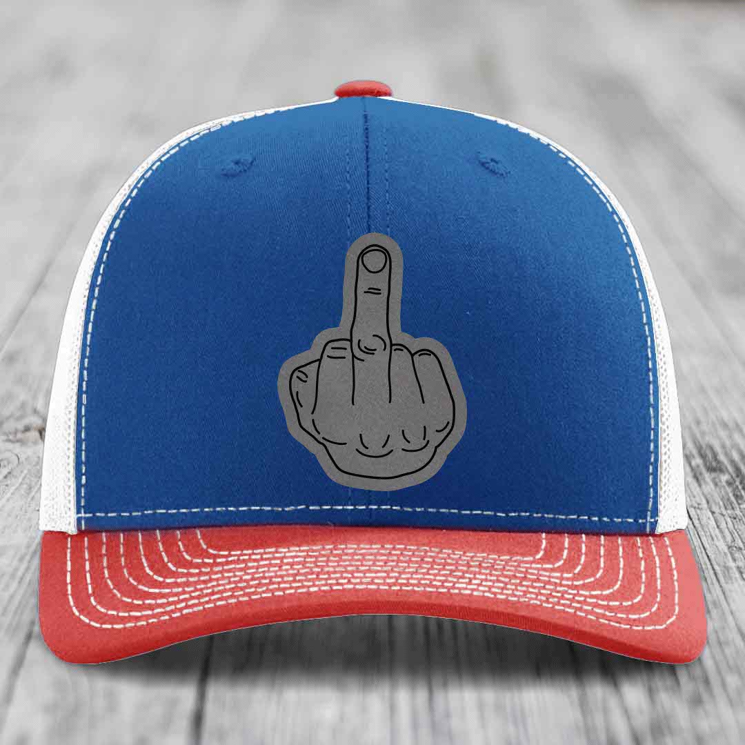 Middle Finger - Leather Patch Hat - Grey to Black Patch - Richardson 112 Snapback Trucker Hat