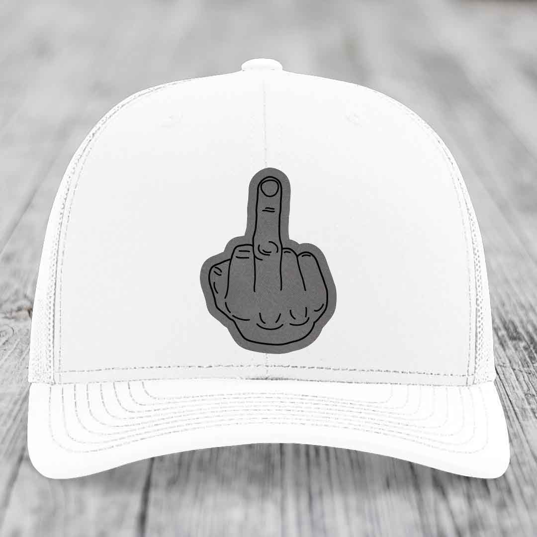 Middle Finger - Leather Patch Hat - Grey to Black Patch - Richardson 112 Snapback Trucker Hat