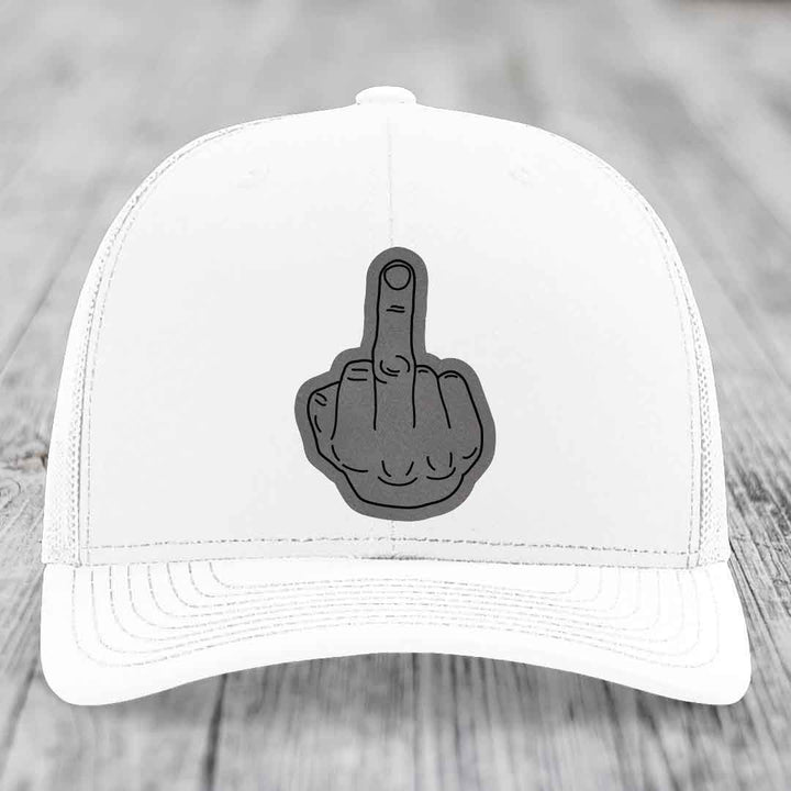 Middle Finger - Leather Patch Hat - Grey to Black Patch - Richardson 112 Snapback Trucker Hat