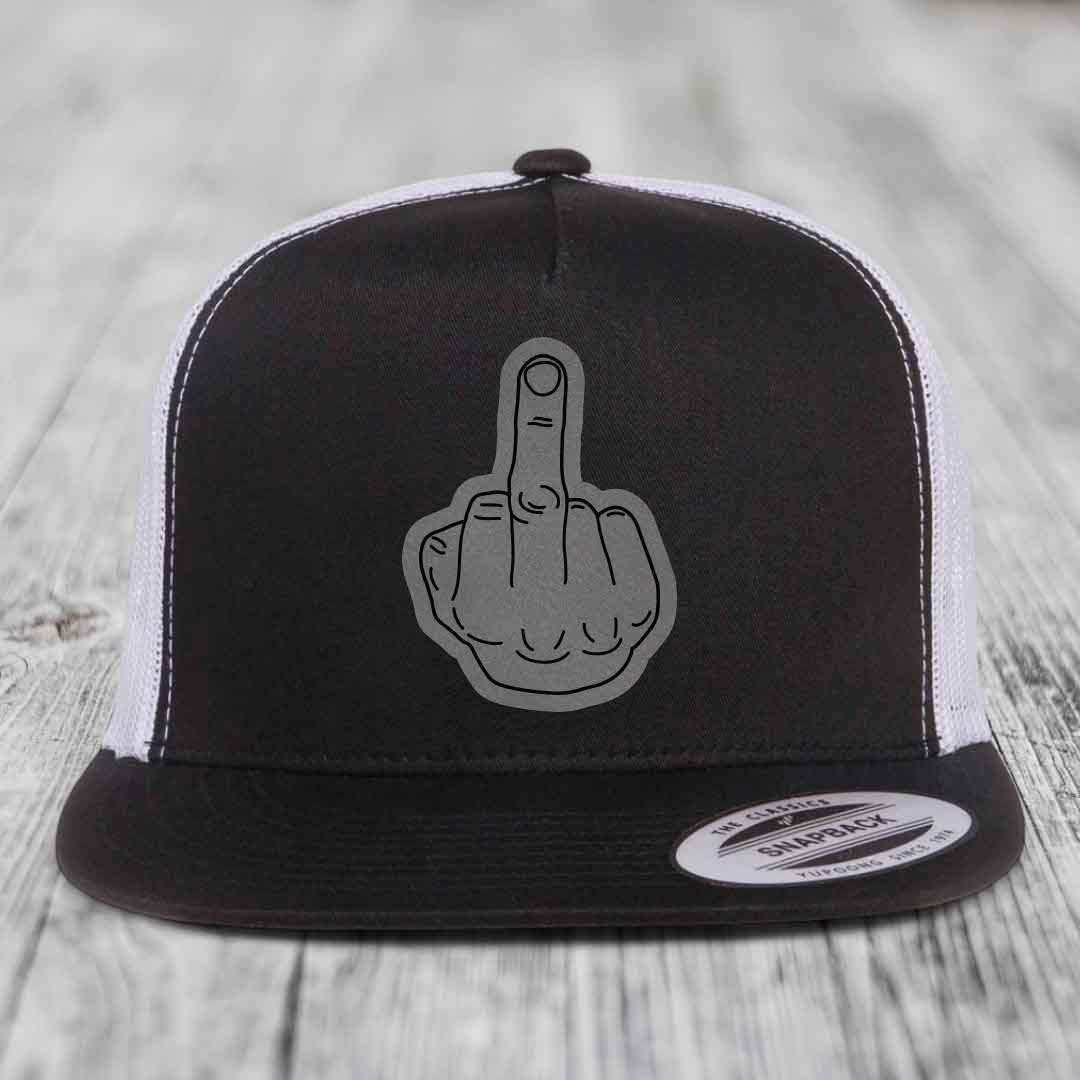 Middle Finger - Leather Patch Hat - Grey to Black Patch - Yupoong 6006 Snapback Flatbill Hat