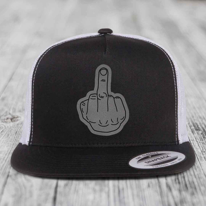 Middle Finger - Leather Patch Hat - Grey to Black Patch - Yupoong 6006 Snapback Flatbill Hat
