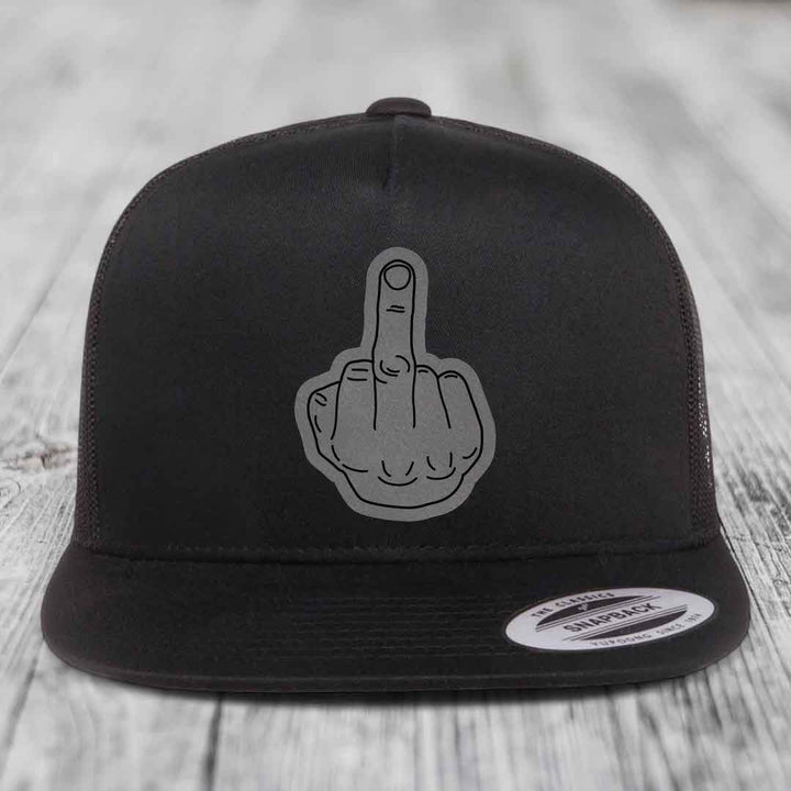 Middle Finger - Leather Patch Hat - Grey to Black Patch - Yupoong 6006 Snapback Flatbill Hat