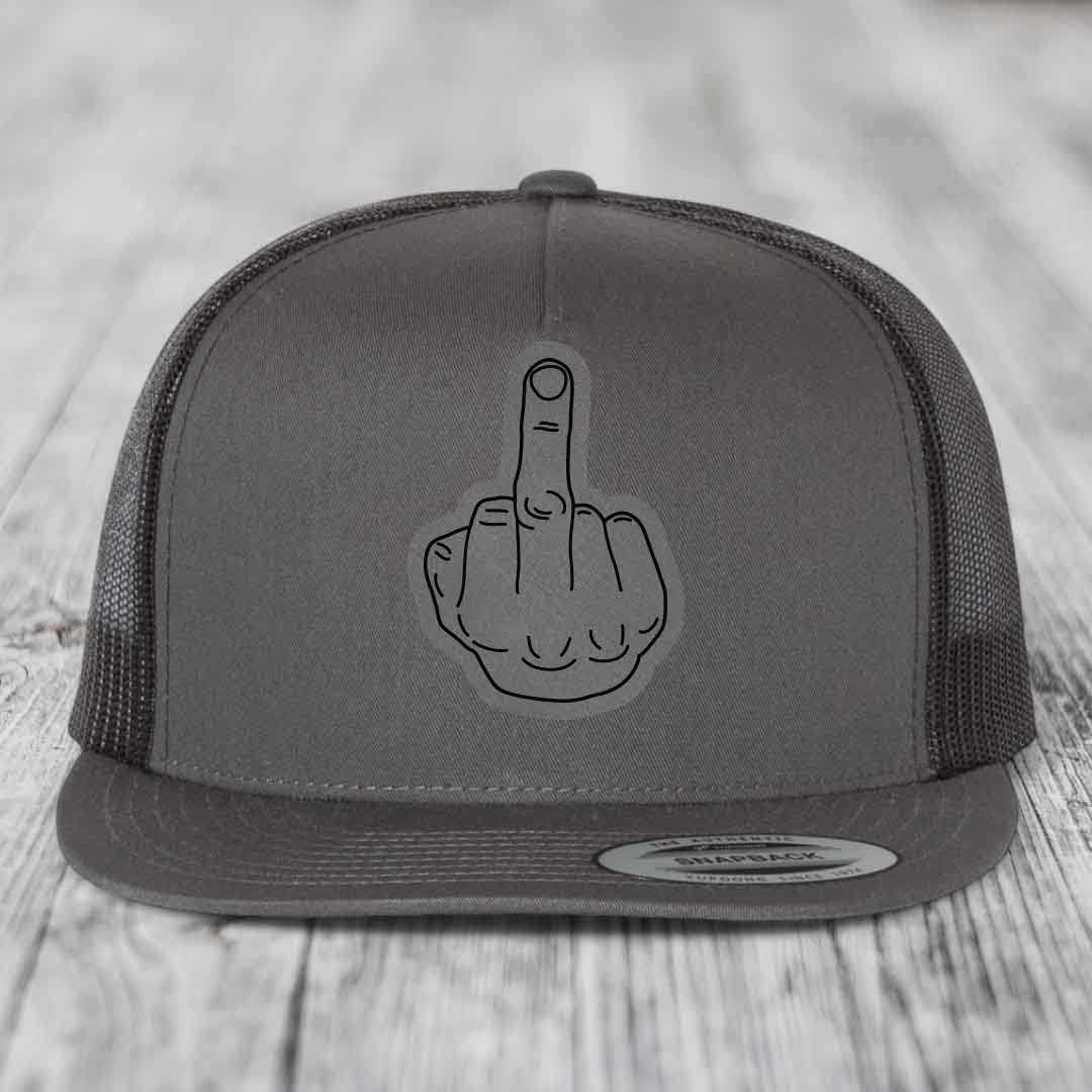 Middle Finger - Leather Patch Hat - Grey to Black Patch - Yupoong 6006 Snapback Flatbill Hat