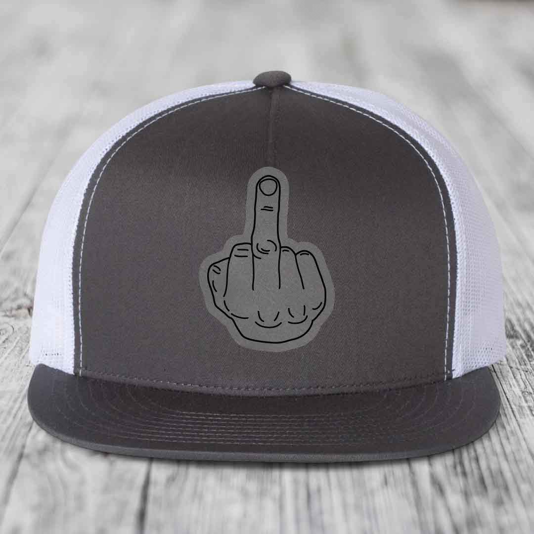 Middle Finger - Leather Patch Hat - Grey to Black Patch - Yupoong 6006 Snapback Flatbill Hat
