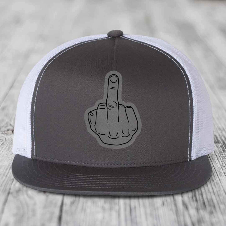 Middle Finger - Leather Patch Hat - Grey to Black Patch - Yupoong 6006 Snapback Flatbill Hat