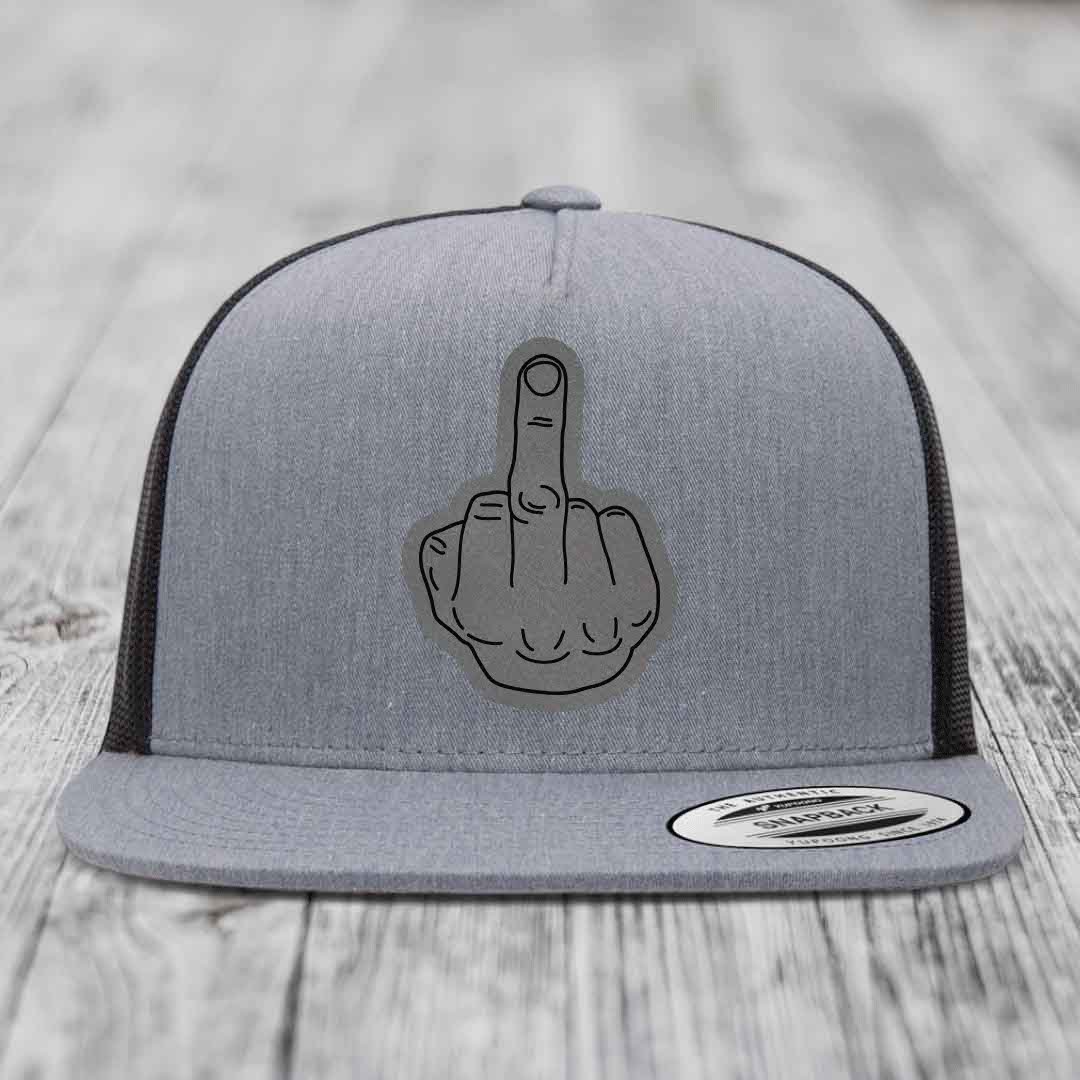 Middle Finger - Leather Patch Hat - Grey to Black Patch - Yupoong 6006 Snapback Flatbill Hat