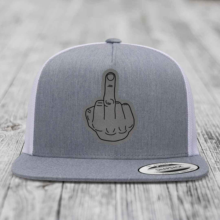 Middle Finger - Leather Patch Hat - Grey to Black Patch - Yupoong 6006 Snapback Flatbill Hat