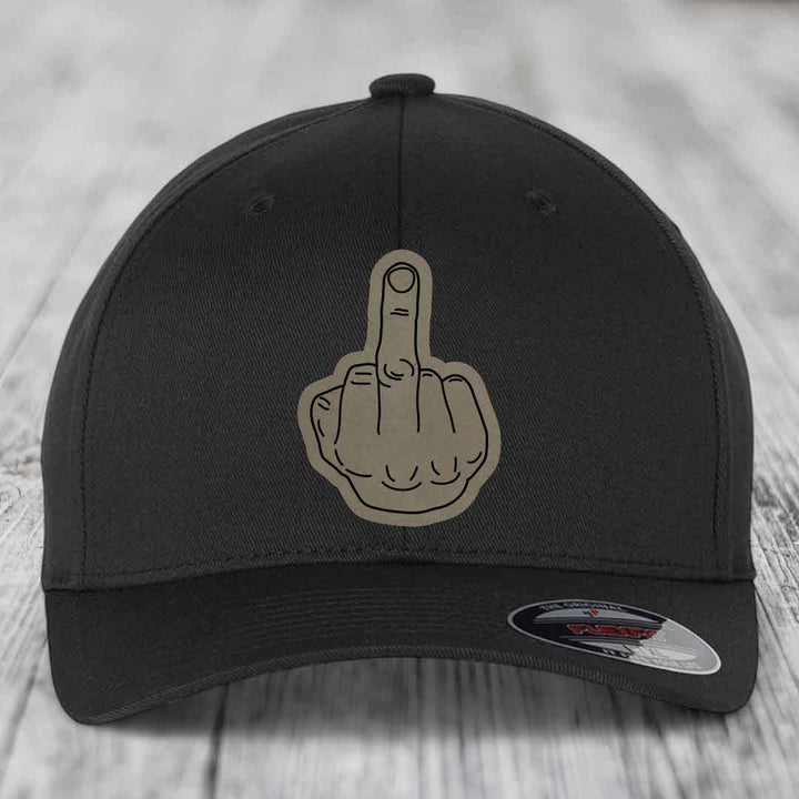 Middle Finger - Leather Patch Hat - Light Brown to Black Patch - Flexfit 6277 Fitted Hat