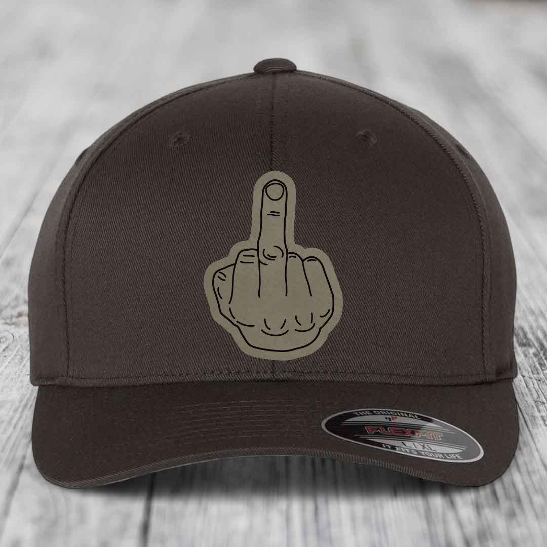 Middle Finger - Leather Patch Hat - Light Brown to Black Patch - Flexfit 6277 Fitted Hat