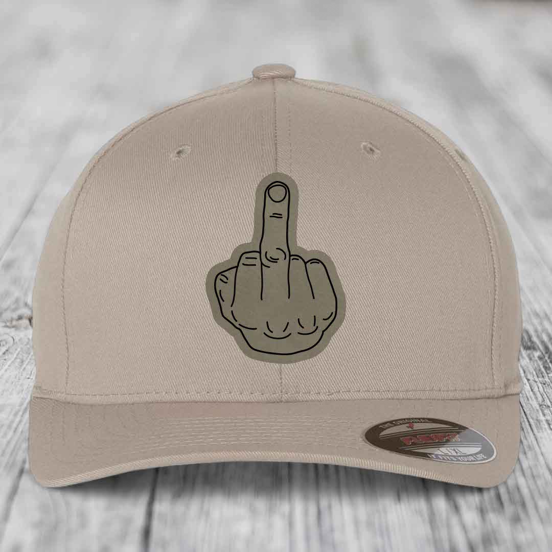 Middle Finger - Leather Patch Hat - Light Brown to Black Patch - Flexfit 6277 Fitted Hat