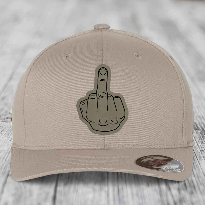 Middle Finger - Leather Patch Hat - Light Brown to Black Patch - Flexfit 6277 Fitted Hat
