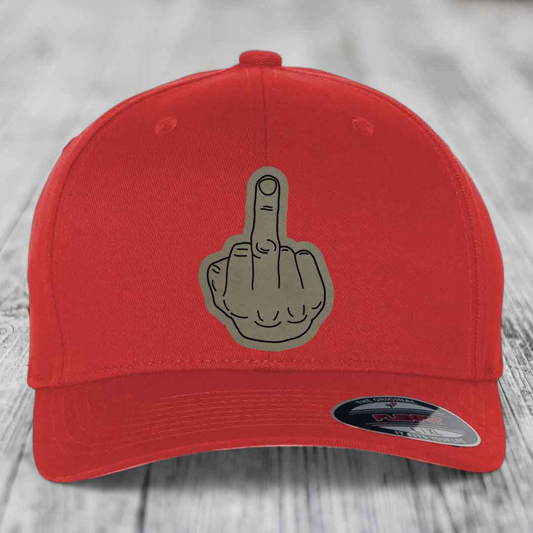 Middle Finger - Leather Patch Hat - Light Brown to Black Patch - Flexfit 6277 Fitted Hat