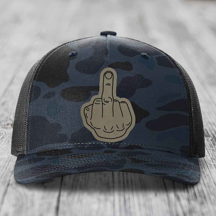 Middle Finger - Leather Patch Hat - Light Brown to Black Patch - Richardson 112PFP Snapback Trucker Hat