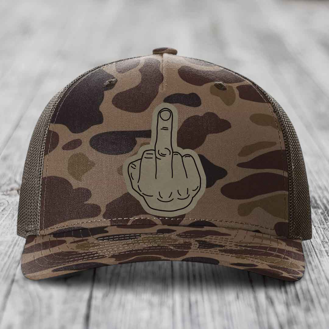 Middle Finger - Leather Patch Hat - Light Brown to Black Patch - Richardson 112PFP Snapback Trucker Hat