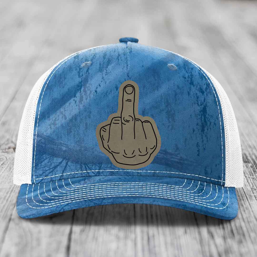 Middle Finger - Leather Patch Hat - Light Brown to Black Patch - Richardson 112PFP Snapback Trucker Hat