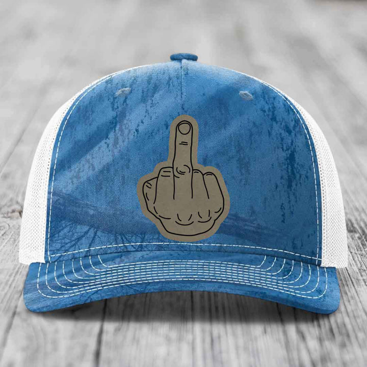 Middle Finger - Leather Patch Hat - Light Brown to Black Patch - Richardson 112PFP Snapback Trucker Hat