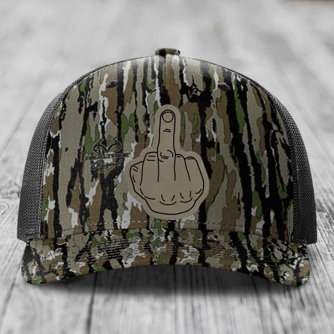 Middle Finger - Leather Patch Hat - Light Brown to Black Patch - Richardson 112PFP Snapback Trucker Hat