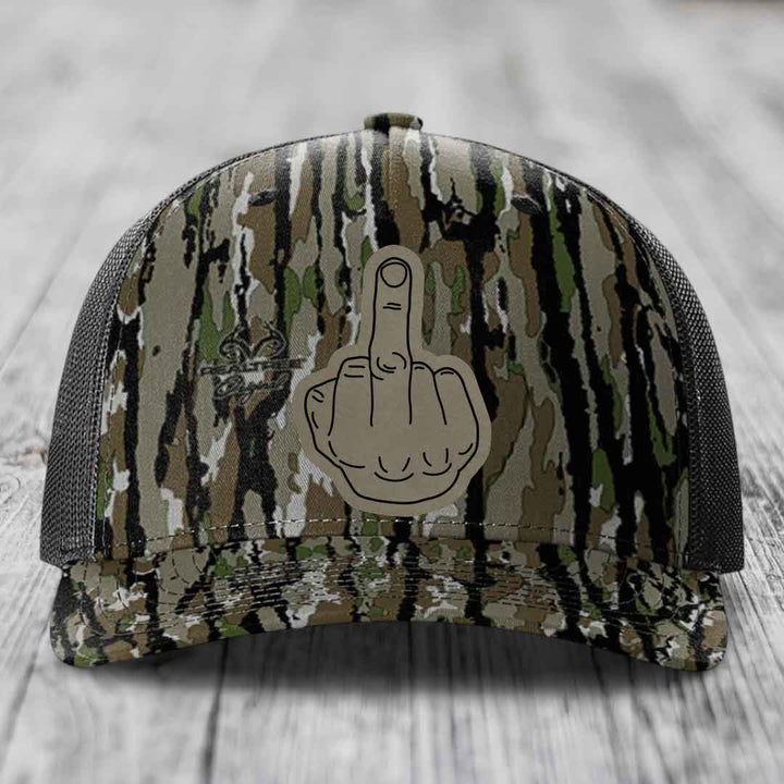 Middle Finger - Leather Patch Hat - Light Brown to Black Patch - Richardson 112PFP Snapback Trucker Hat