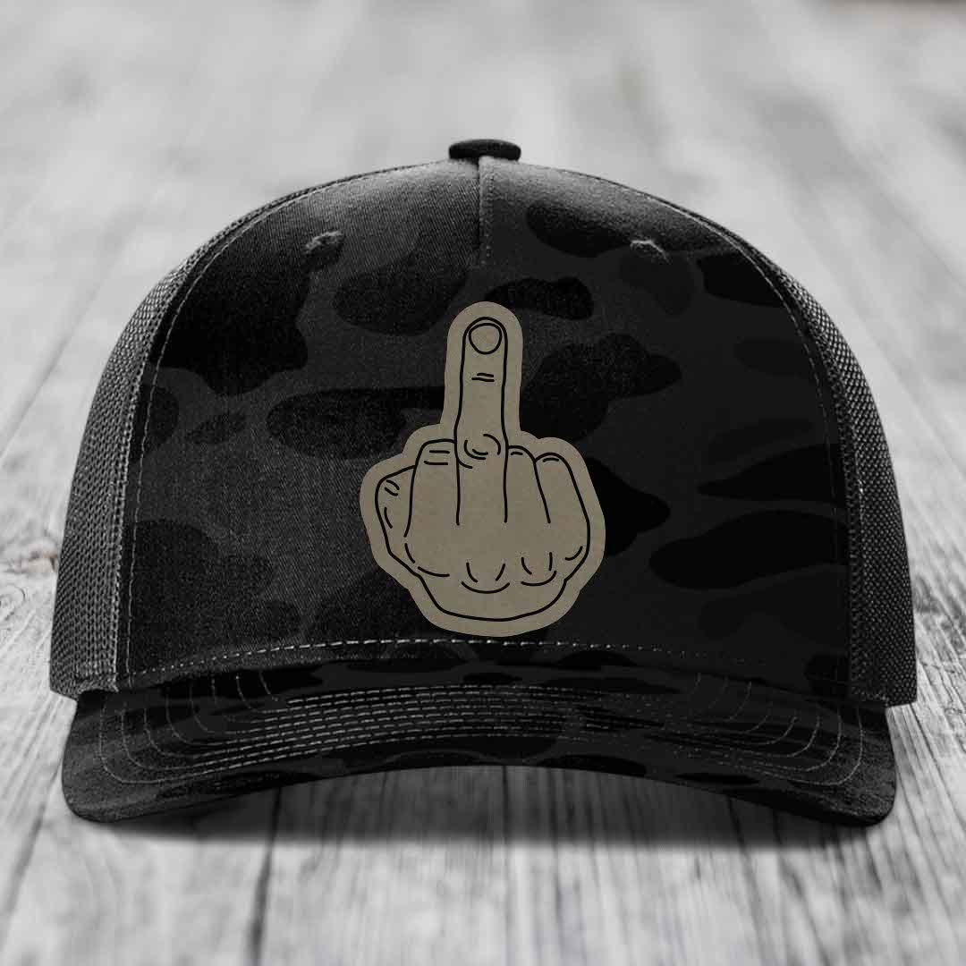 Middle Finger - Leather Patch Hat - Light Brown to Black Patch - Richardson 112PFP Snapback Trucker Hat