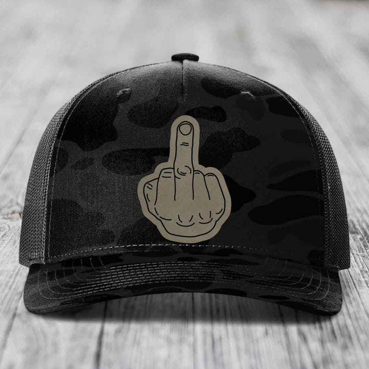 Middle Finger - Leather Patch Hat - Light Brown to Black Patch - Richardson 112PFP Snapback Trucker Hat